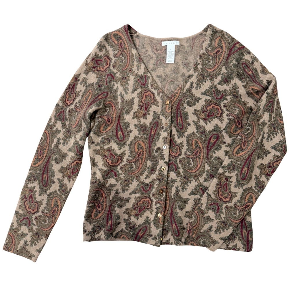 Lambs Wool Angora Paisley Button Front Sweater Cardigan (L) Tweeds Soft Light